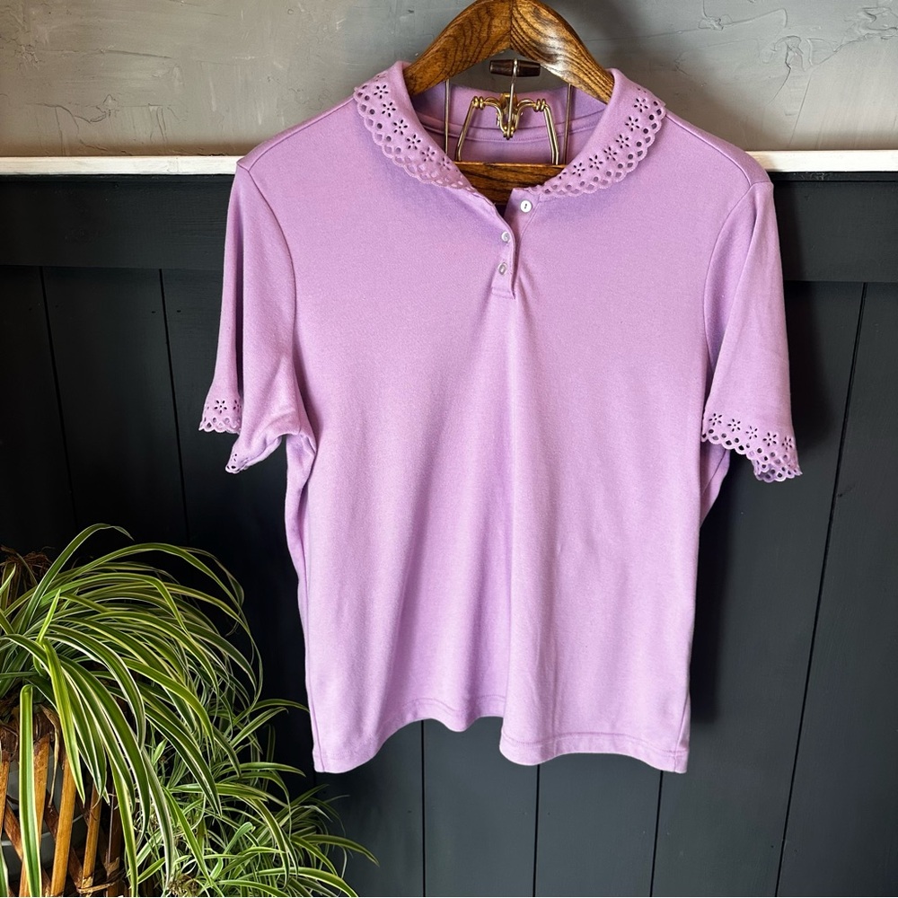 BLAIR Lavender Eyelet Trim‎ Collar Polo Shirt size Large